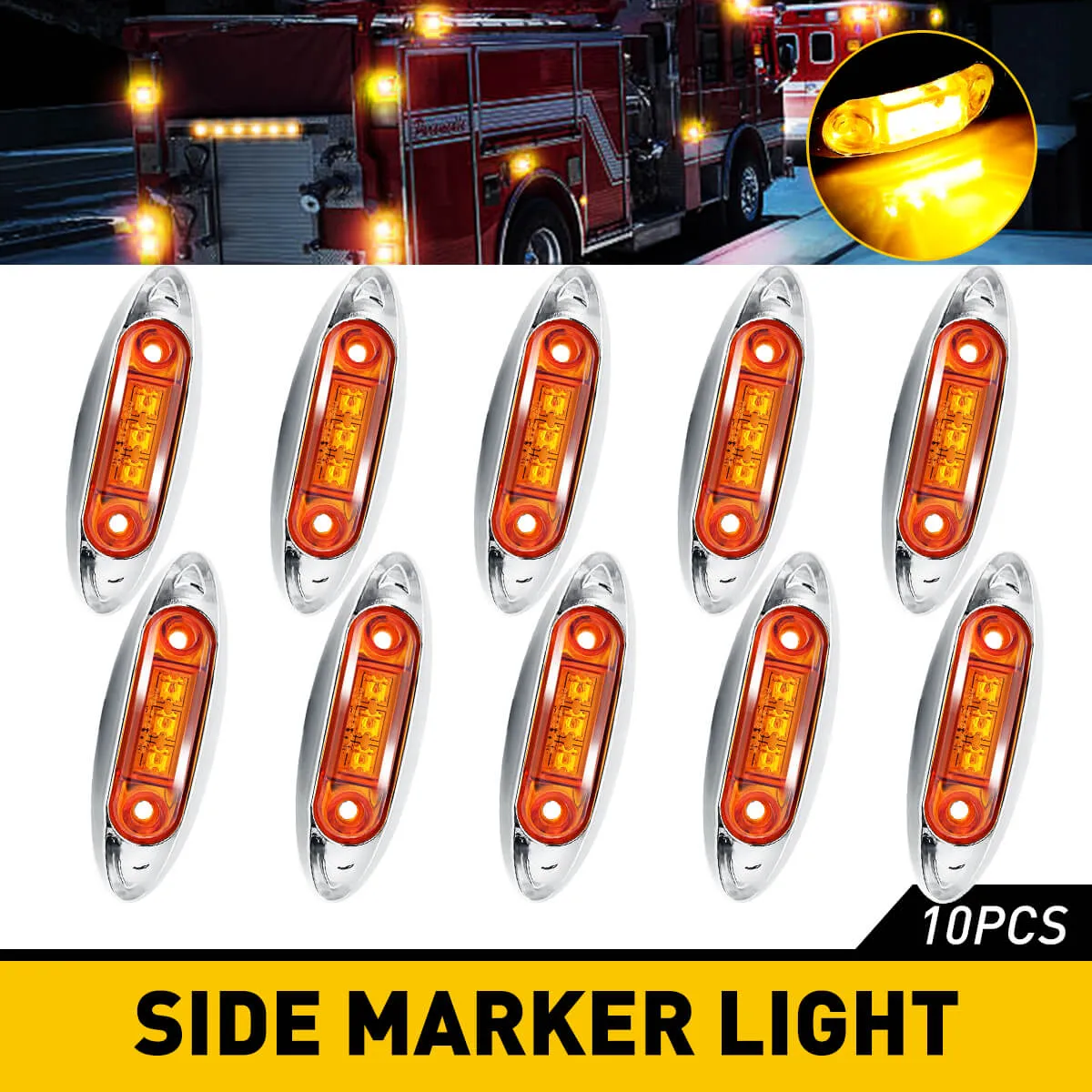 10Pcs 3-LED 3.9-Inch Oval Side Marker Lights with Chrome Bezel Truck Trailer Clearance Light Waterproof 12V