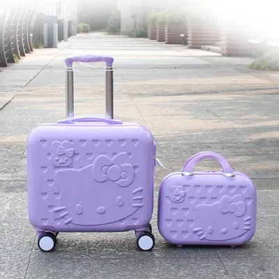 14" Cosmetic Box 16" Luggage Abs Cartoon Hardside Trolley Luggage Bags Set,Female Pink Hello Kt