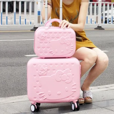 14" Cosmetic Box 16" Luggage Abs Cartoon Hardside Trolley Luggage Bags Set,Female Pink Hello Kt