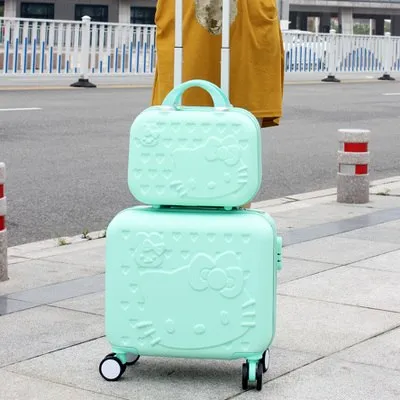 14" Cosmetic Box 16" Luggage Abs Cartoon Hardside Trolley Luggage Bags Set,Female Pink Hello Kt