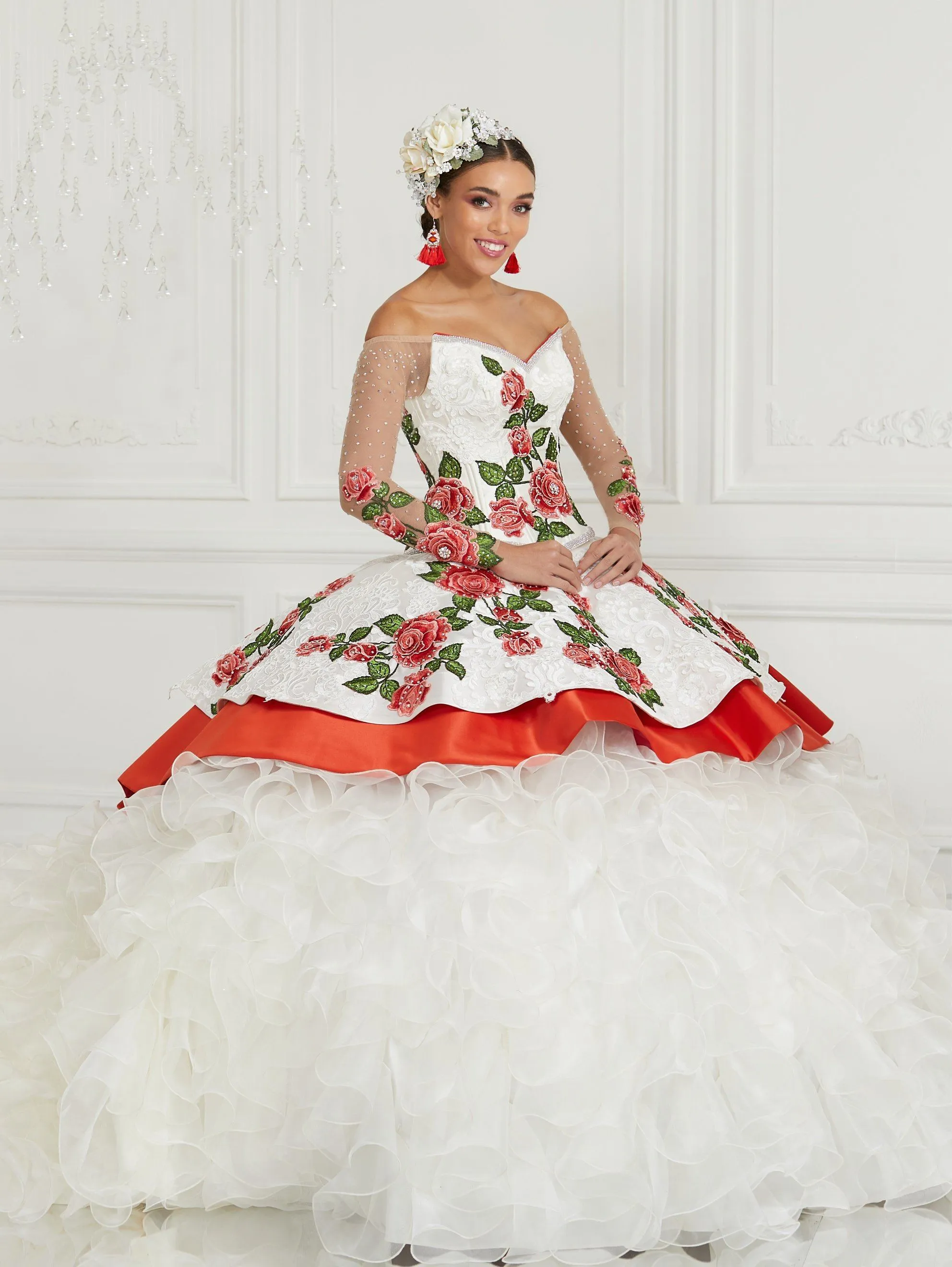 3-Piece Floral Charro Quinceanera Dress by LA Glitter 24075