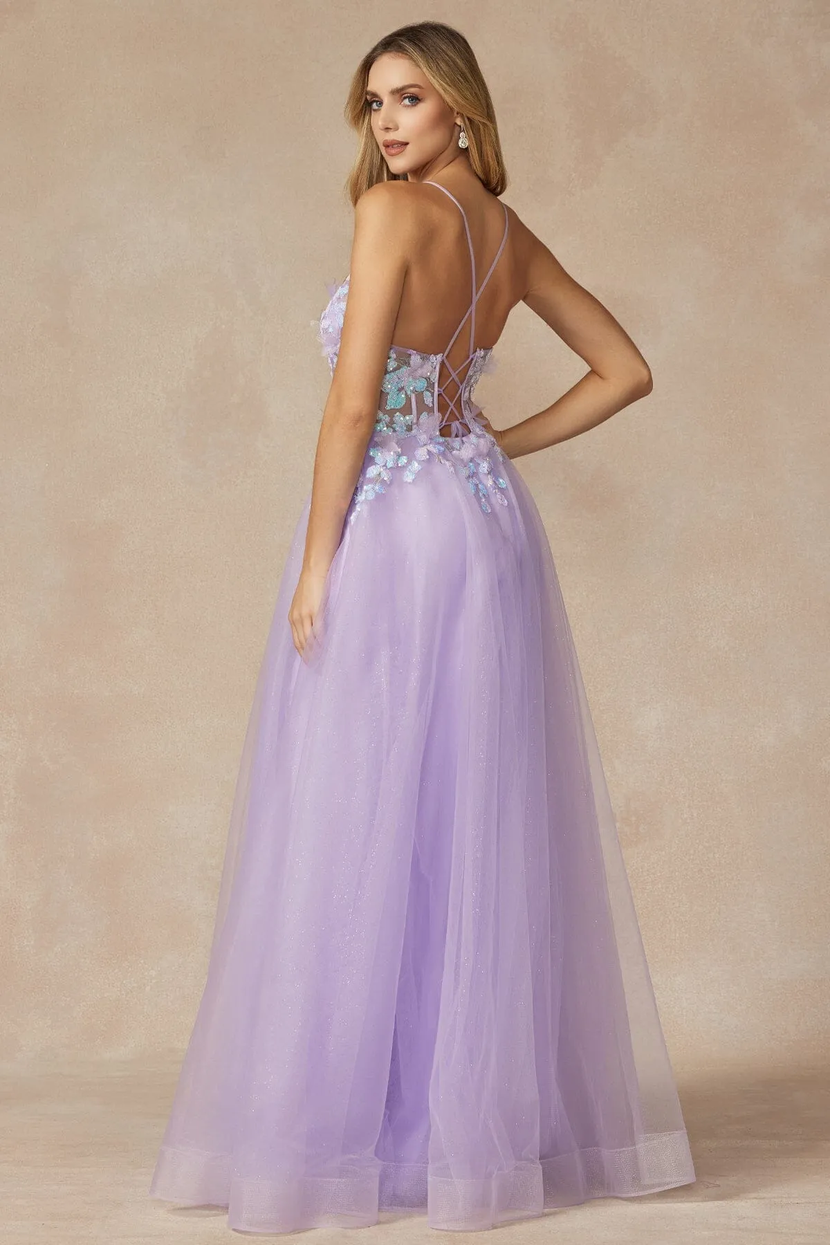 3D Butterfly Puff Sleeve Corset Gown by Juliet 2401