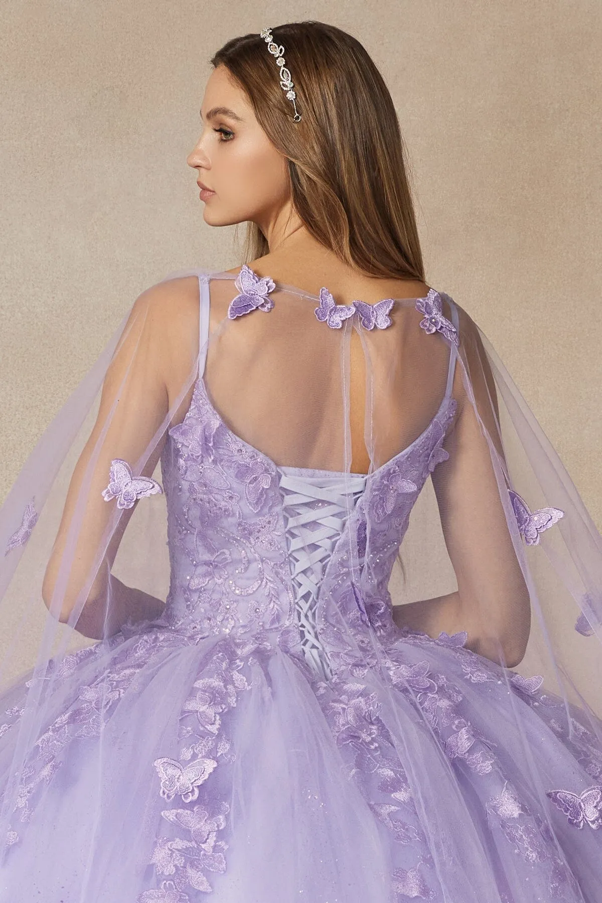 3D Butterfly Sleeveless Cape Ball Gown by Juliet 1442