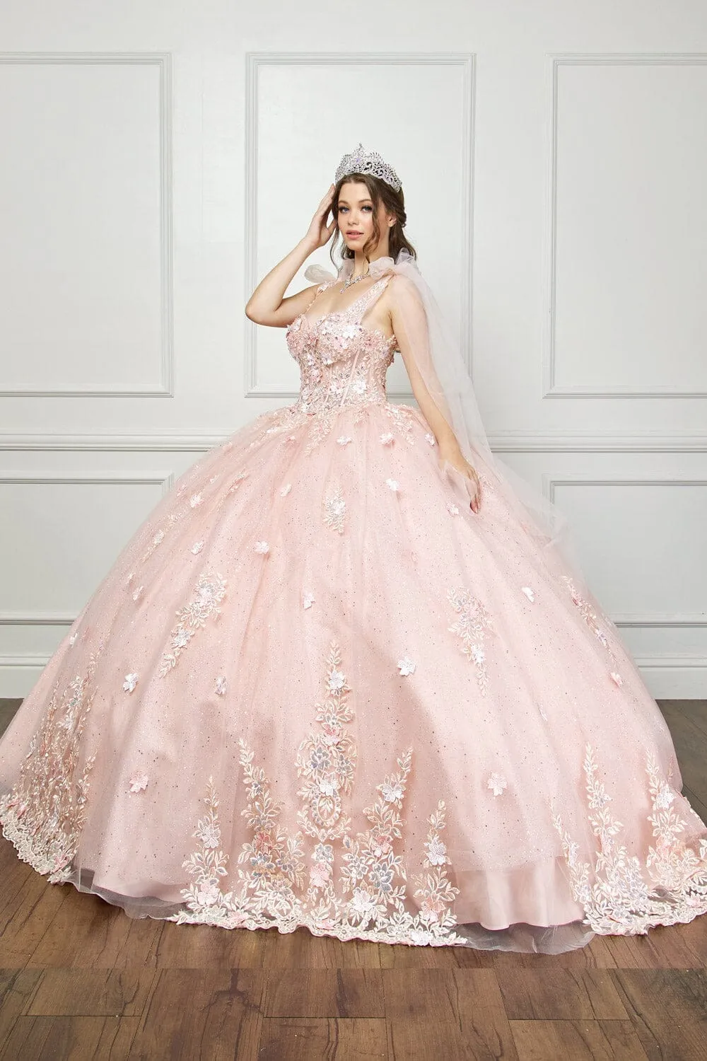 3D Floral Cape Sleeve Corset Ball Gown by Petite Adele PQ1045