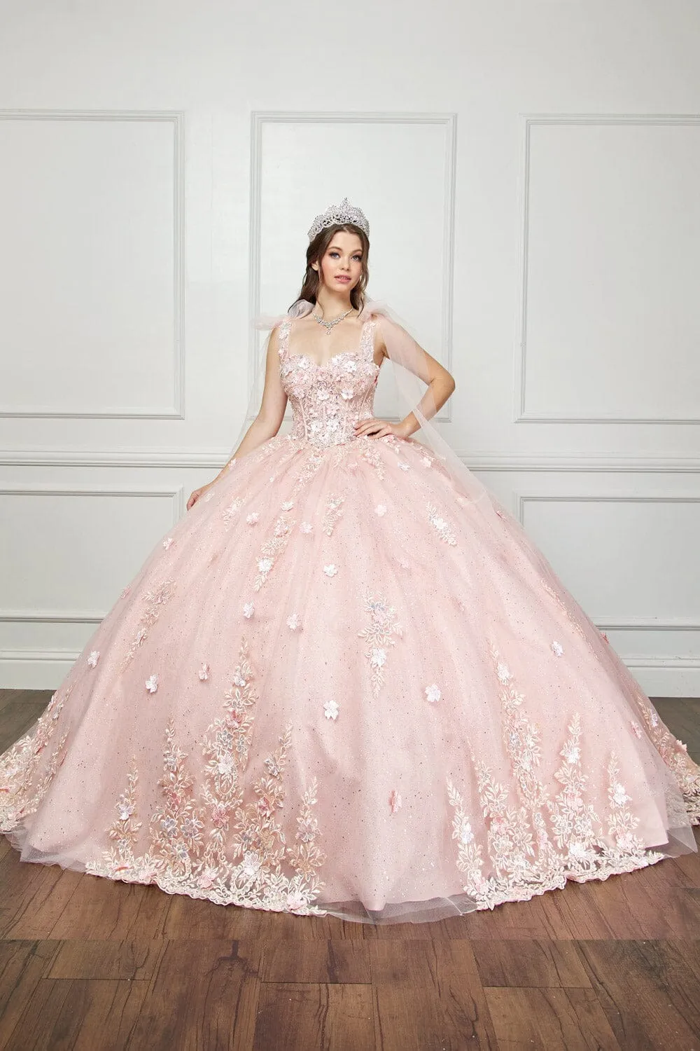 3D Floral Cape Sleeve Corset Ball Gown by Petite Adele PQ1045