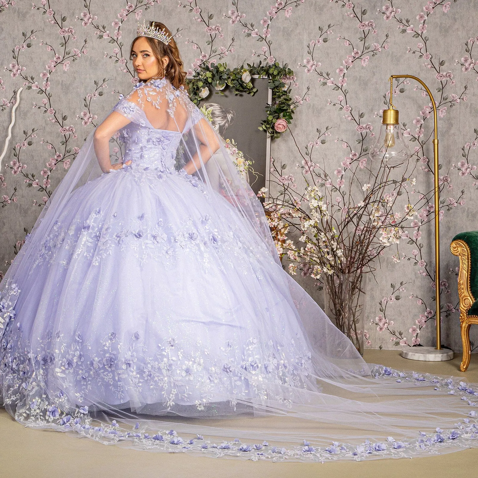 3D Floral Off Shoulder Cape Ball Gown by Elizabeth K GL3179