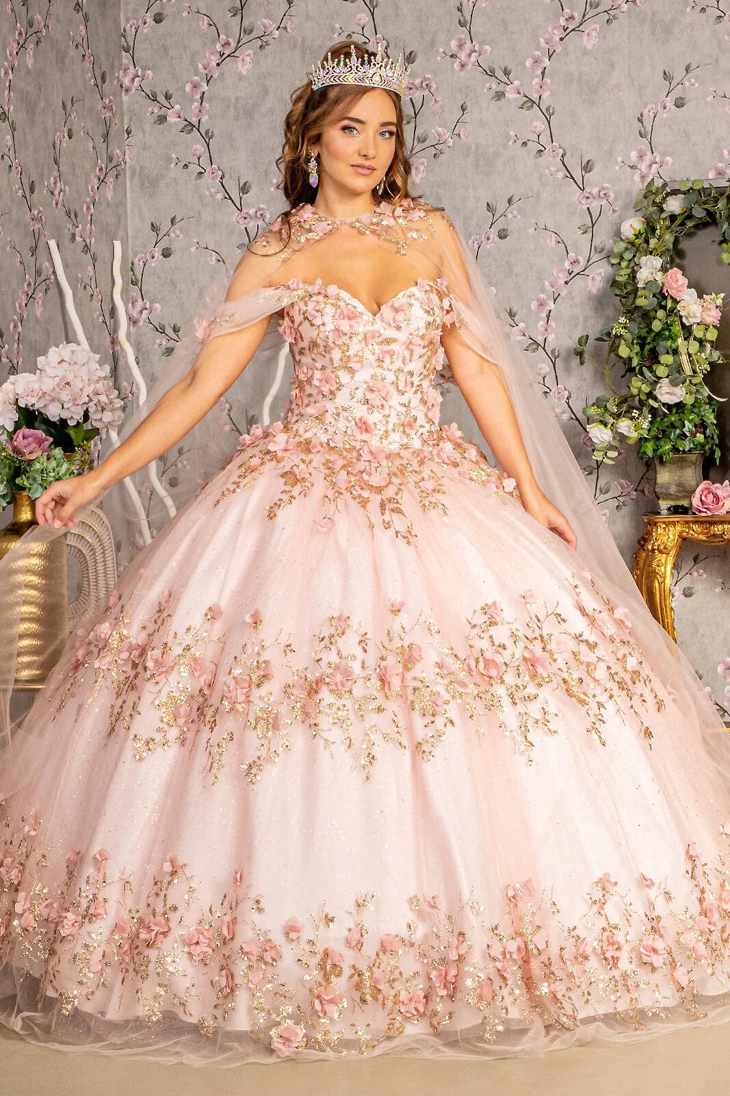 3D Floral Off Shoulder Cape Ball Gown by Elizabeth K GL3179