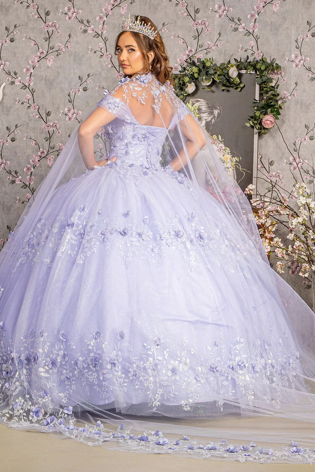 3D Floral Off Shoulder Cape Ball Gown by Elizabeth K GL3179