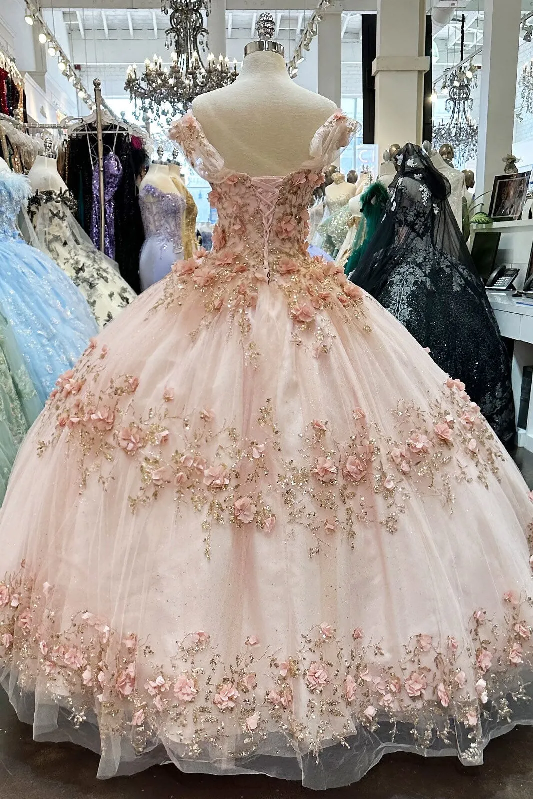 3D Floral Off Shoulder Cape Ball Gown by Elizabeth K GL3179