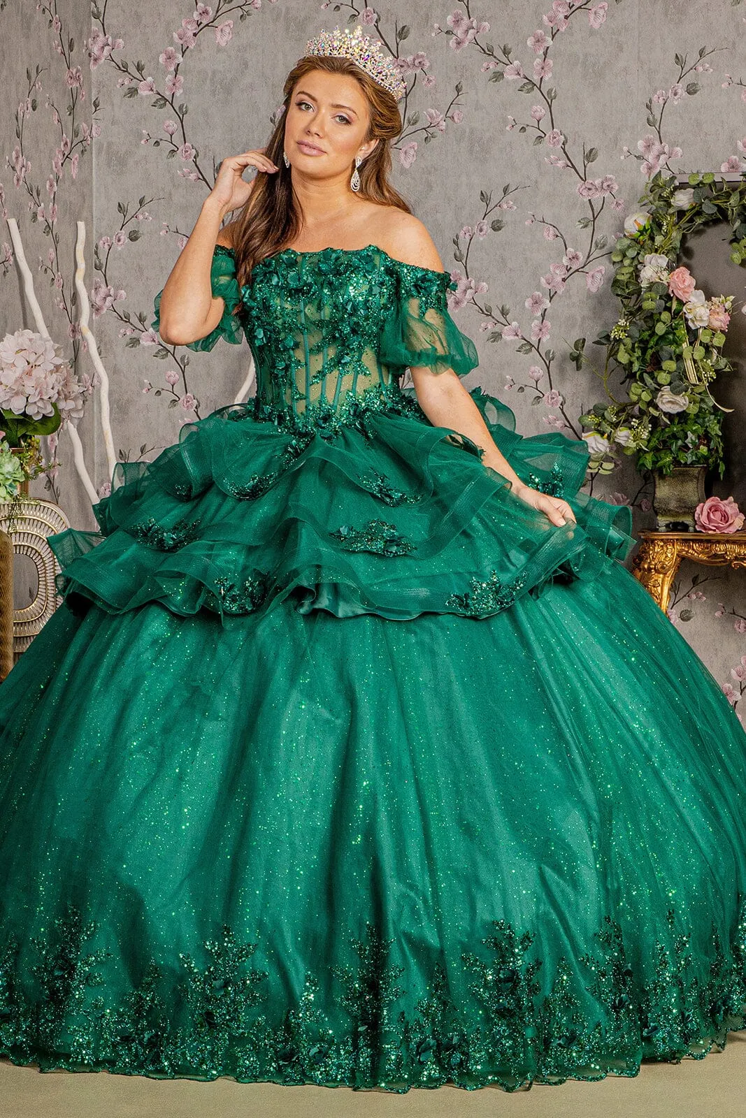 3D Floral Sheer Bodice Ball Gown by Elizabeth K GL3180