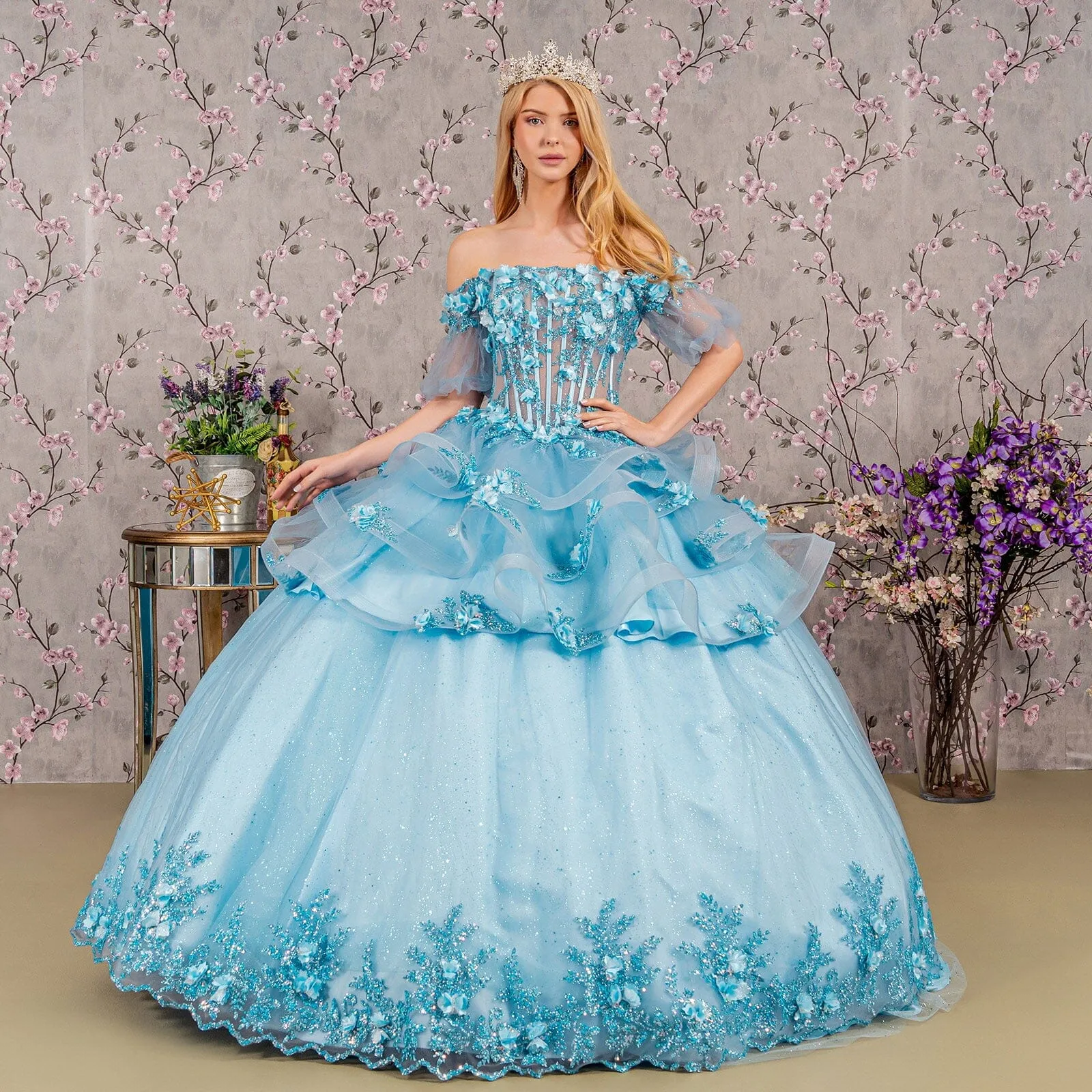 3D Floral Sheer Bodice Ball Gown by Elizabeth K GL3180