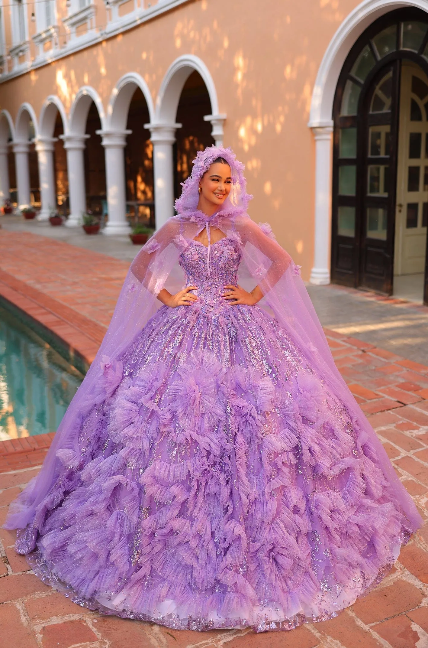 3D Floral Sleeveless Cloak Quinceanera Dress by Amarra 54314