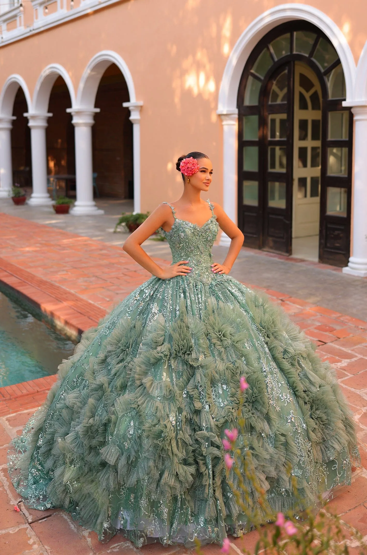 3D Floral Sleeveless Cloak Quinceanera Dress by Amarra 54314