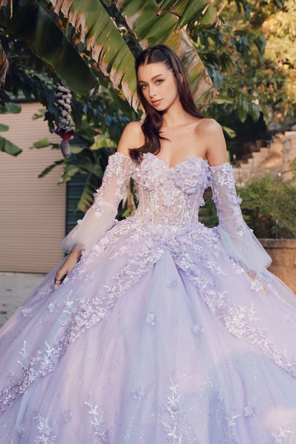 3D Floral Strapless Bell Sleeve Ball Gown by Juliet JT1459J