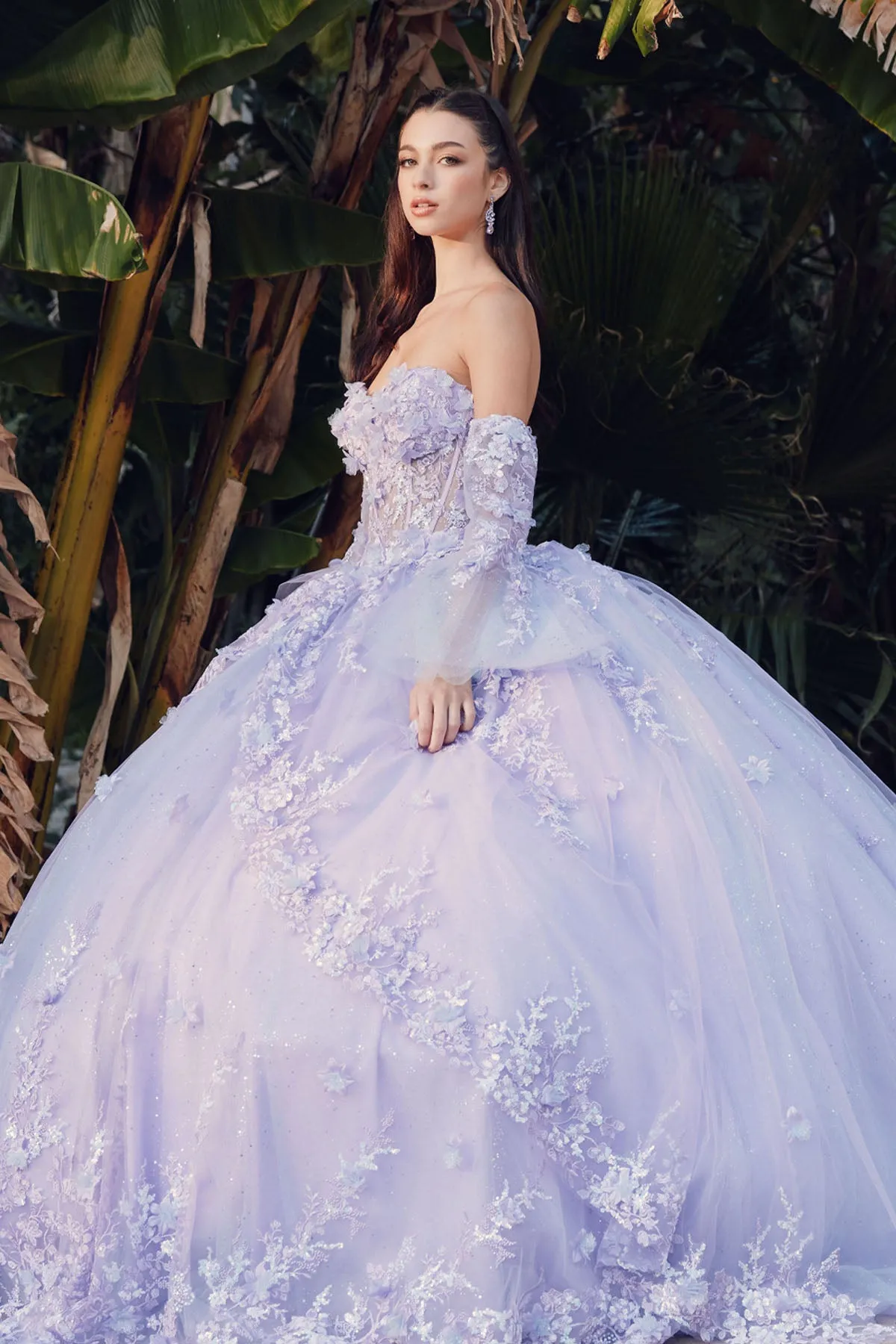 3D Floral Strapless Bell Sleeve Ball Gown by Juliet JT1459J