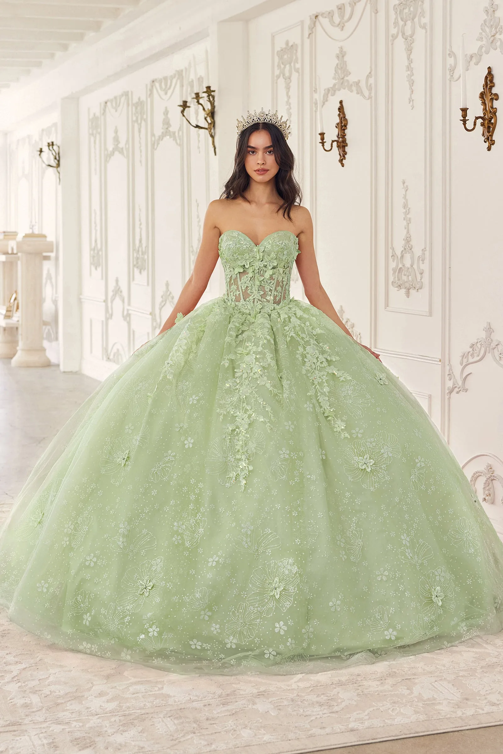 3D Floral Strapless Cape Ball Gown by Ladivine 15719