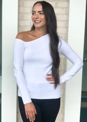 525 America Asymmetric Open Shoulder Knit Top-White