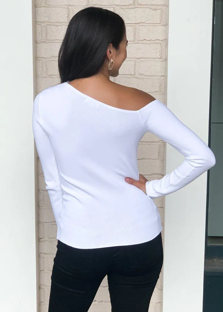 525 America Asymmetric Open Shoulder Knit Top-White