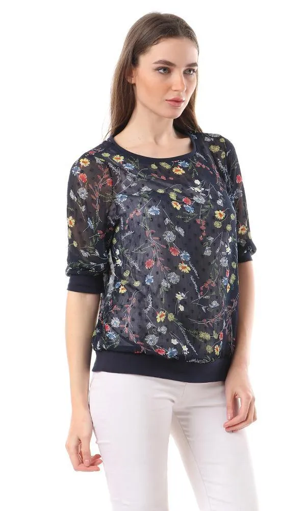 57060 Floral See Through Navy Blue Blouse