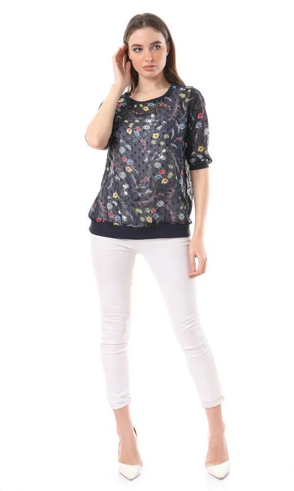 57060 Floral See Through Navy Blue Blouse