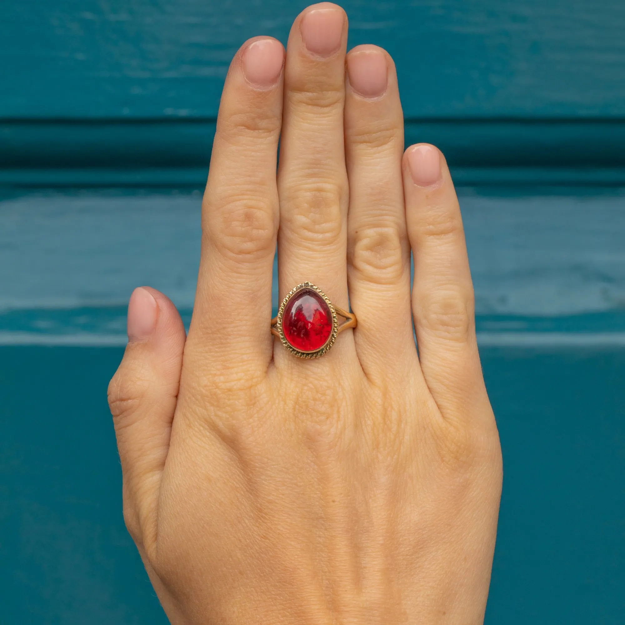 9ct Gold Victorian Garnet Cabochon Pear Ring, 5.89ct