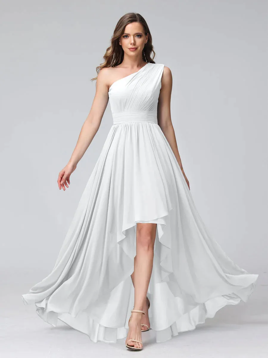 A-Line One-Shoulder Sleeveless Chiffon High Low Bridesmaid Dresses With Pockets