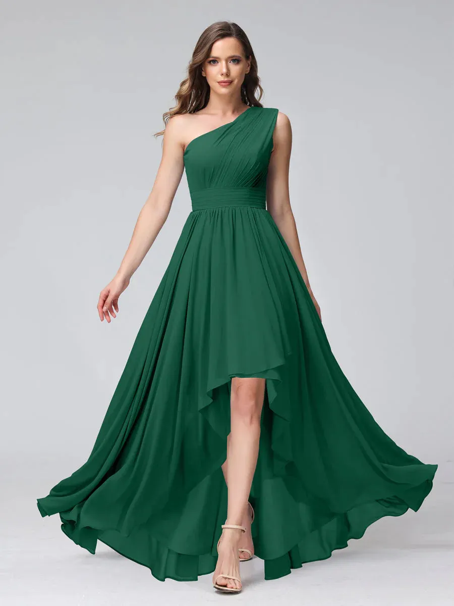 A-Line One-Shoulder Sleeveless Chiffon High Low Bridesmaid Dresses With Pockets