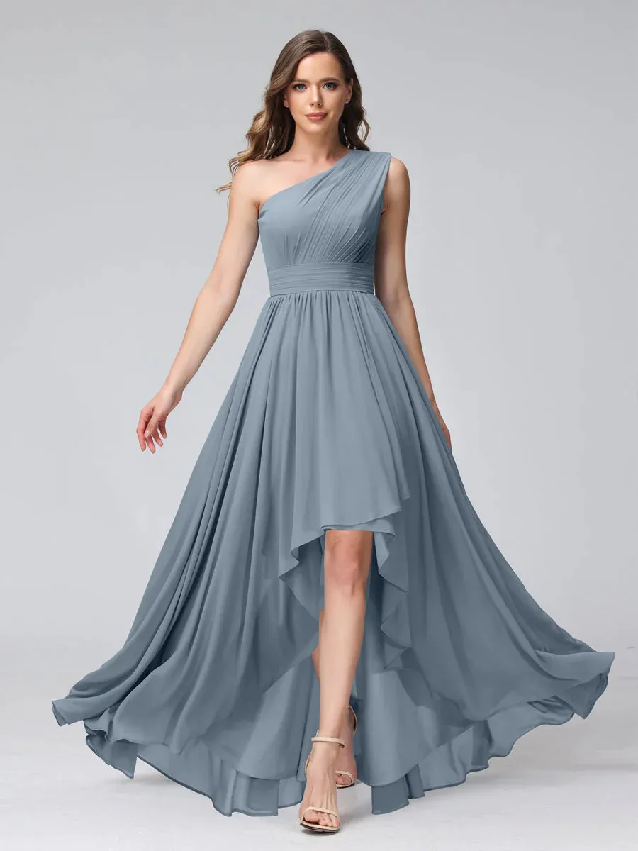 A-Line One-Shoulder Sleeveless Chiffon High Low Bridesmaid Dresses With Pockets