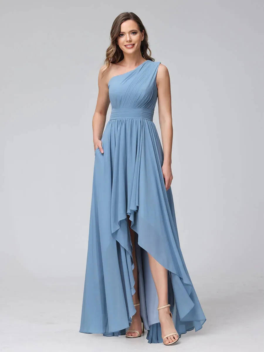 A-Line One-Shoulder Sleeveless Chiffon High Low Bridesmaid Dresses With Pockets