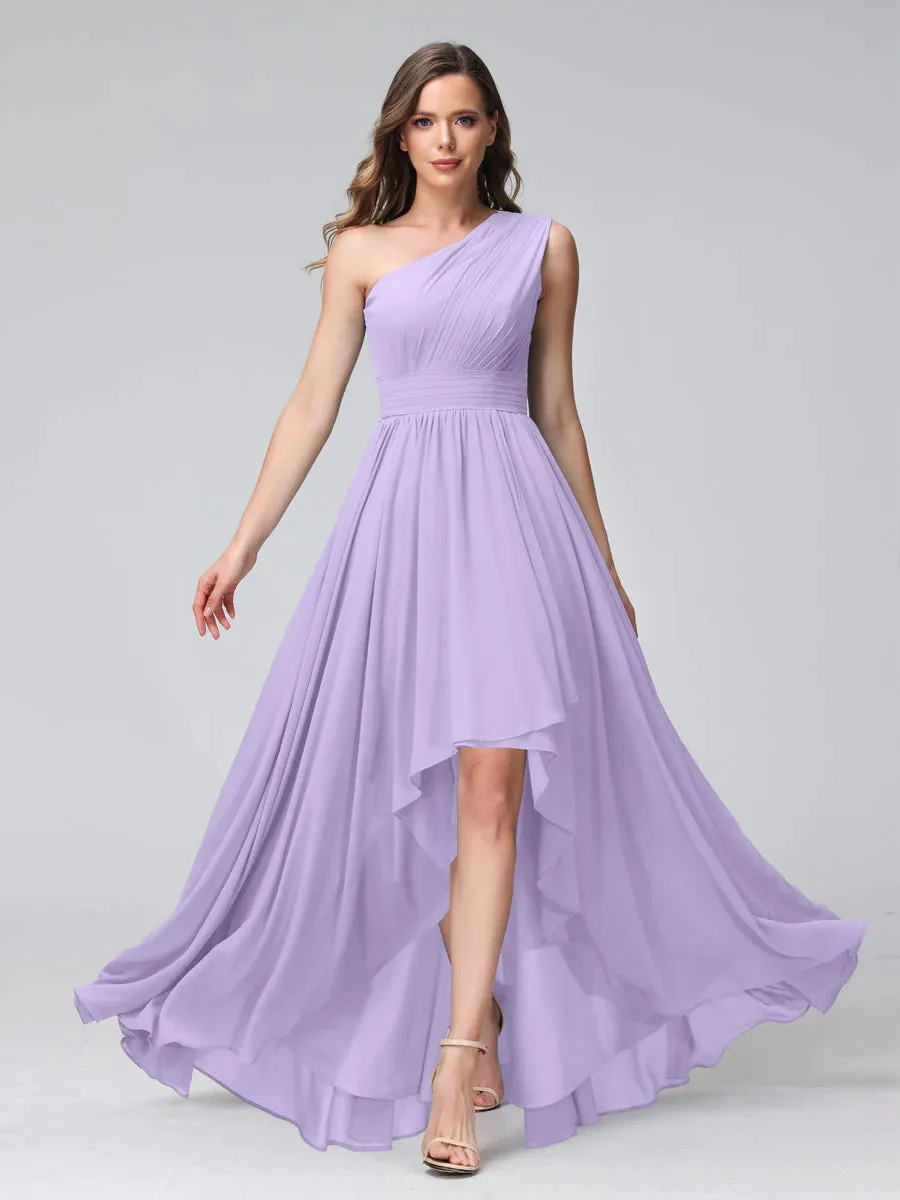 A-Line One-Shoulder Sleeveless Chiffon High Low Bridesmaid Dresses With Pockets