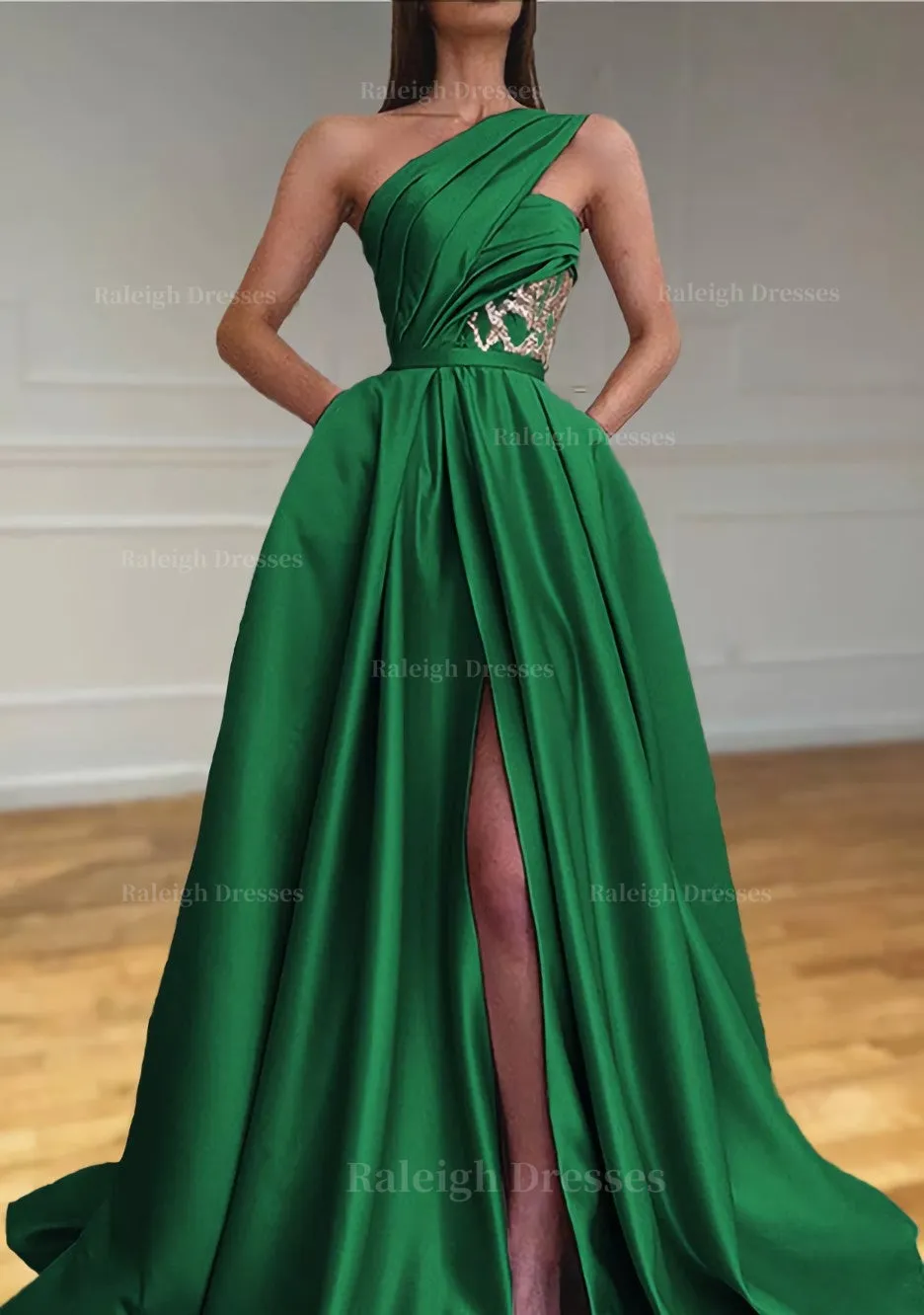 A-line One-Shoulder Sleeveless Sweep Train Satin Prom Dresses With Split Pleated