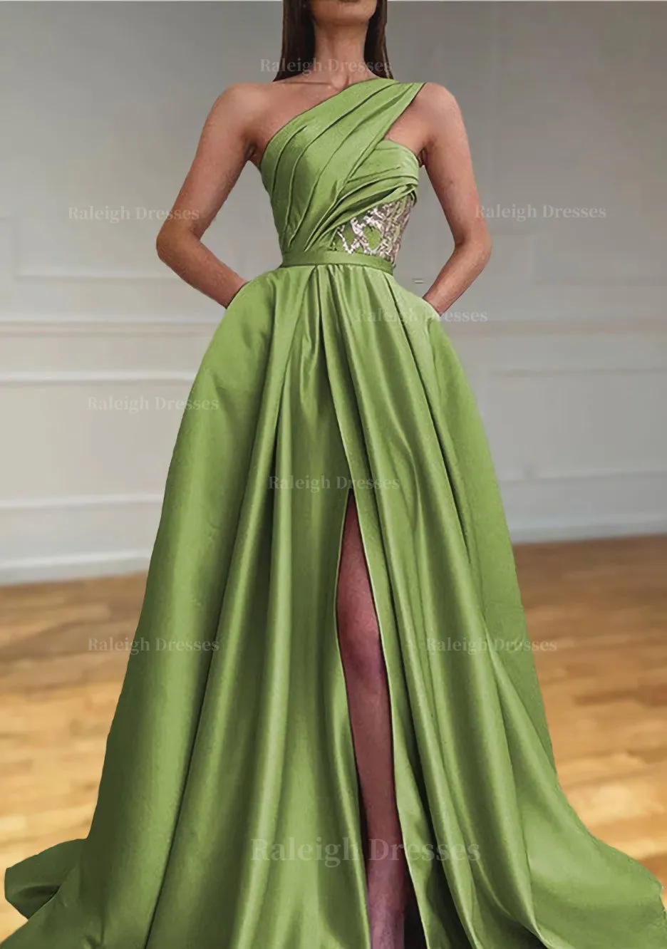 A-line One-Shoulder Sleeveless Sweep Train Satin Prom Dresses With Split Pleated