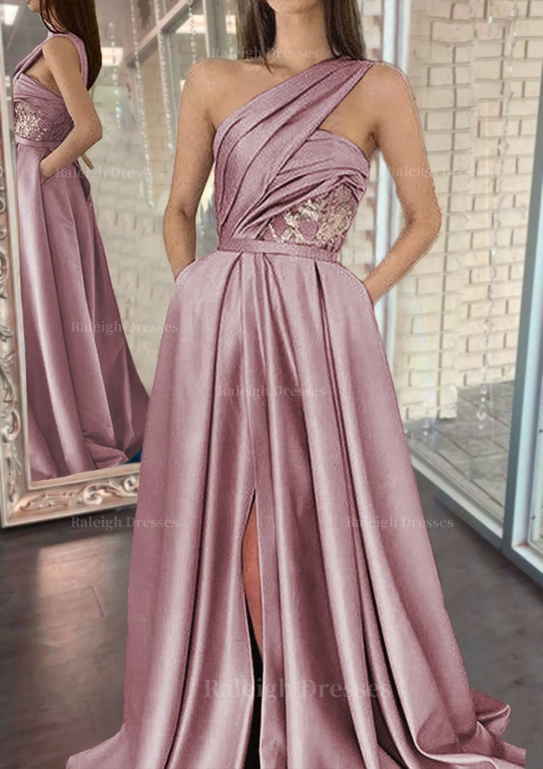 A-line One-Shoulder Sleeveless Sweep Train Satin Prom Dresses With Split Pleated