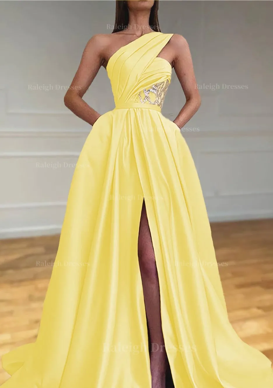 A-line One-Shoulder Sleeveless Sweep Train Satin Prom Dresses With Split Pleated