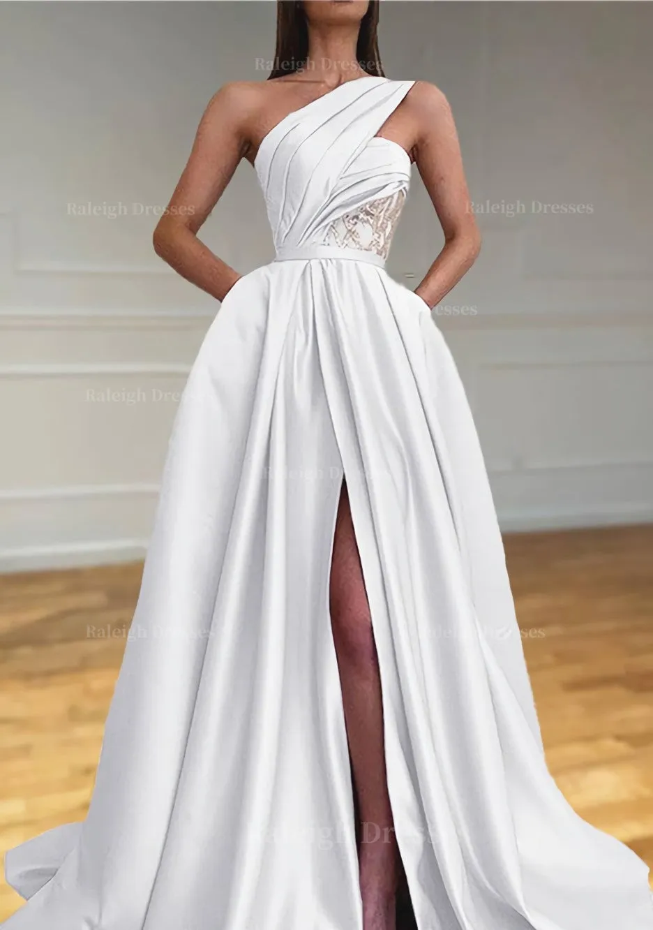 A-line One-Shoulder Sleeveless Sweep Train Satin Prom Dresses With Split Pleated