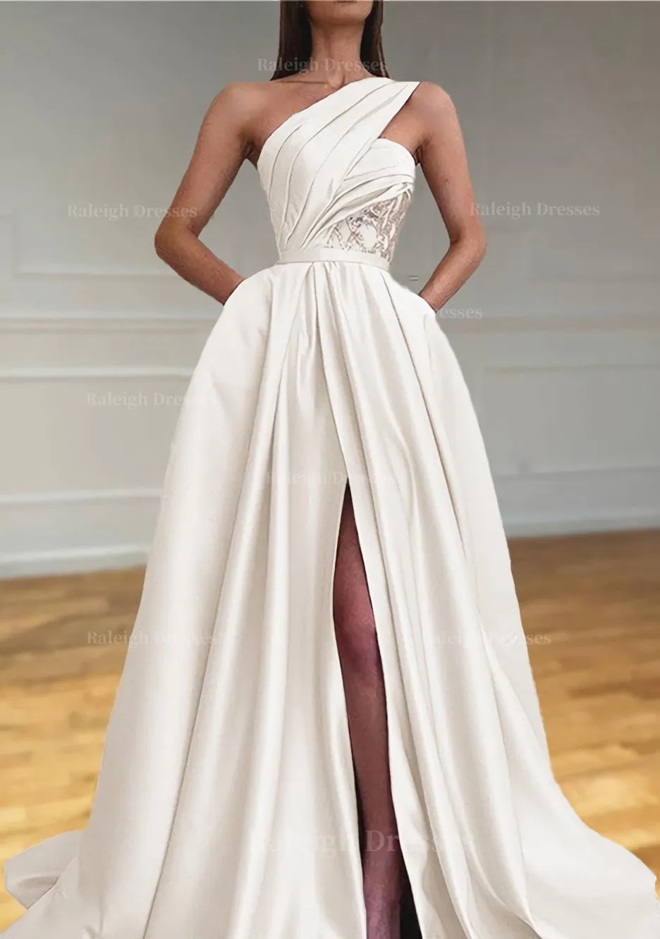 A-line One-Shoulder Sleeveless Sweep Train Satin Prom Dresses With Split Pleated