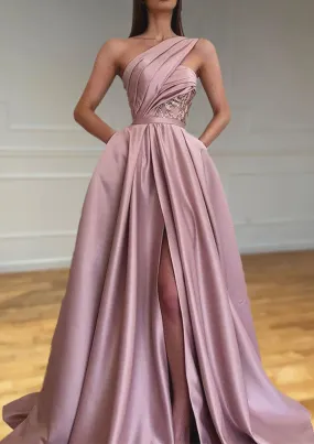 A-line One-Shoulder Sleeveless Sweep Train Satin Prom Dresses With Split Pleated