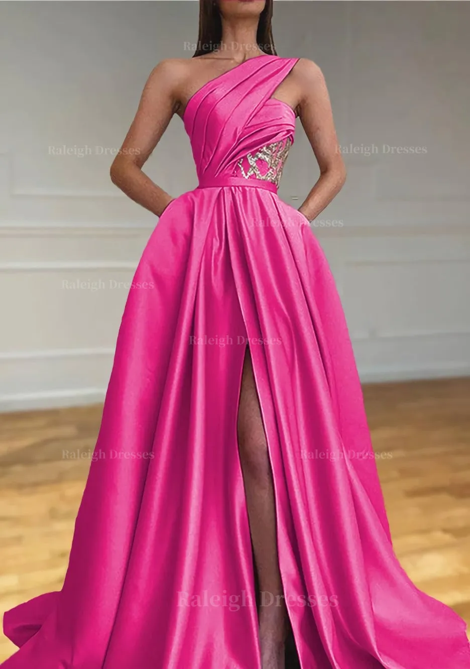 A-line One-Shoulder Sleeveless Sweep Train Satin Prom Dresses With Split Pleated