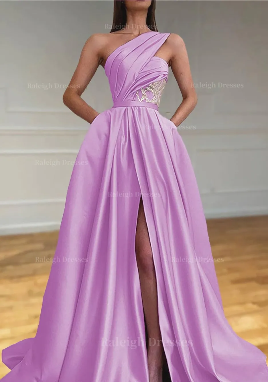 A-line One-Shoulder Sleeveless Sweep Train Satin Prom Dresses With Split Pleated