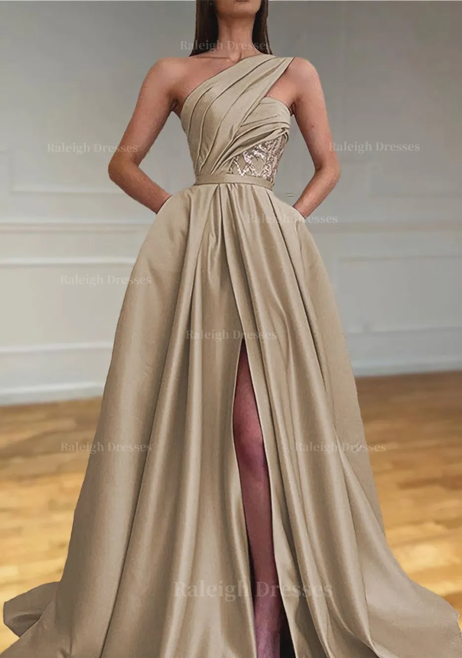 A-line One-Shoulder Sleeveless Sweep Train Satin Prom Dresses With Split Pleated