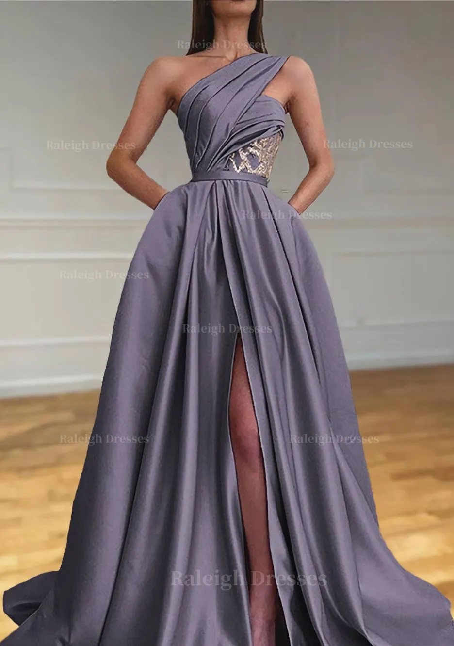 A-line One-Shoulder Sleeveless Sweep Train Satin Prom Dresses With Split Pleated