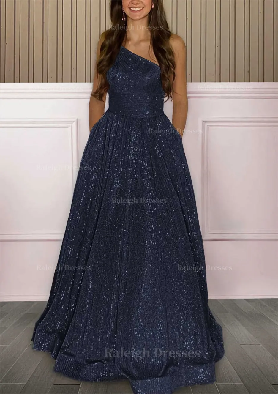 A-line One-Shoulder Sleeveless Sweep Train Sequined Prom Dress with Pockets