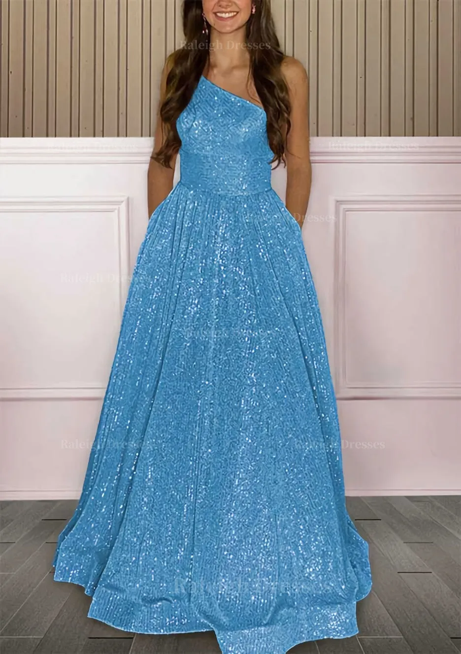 A-line One-Shoulder Sleeveless Sweep Train Sequined Prom Dress with Pockets