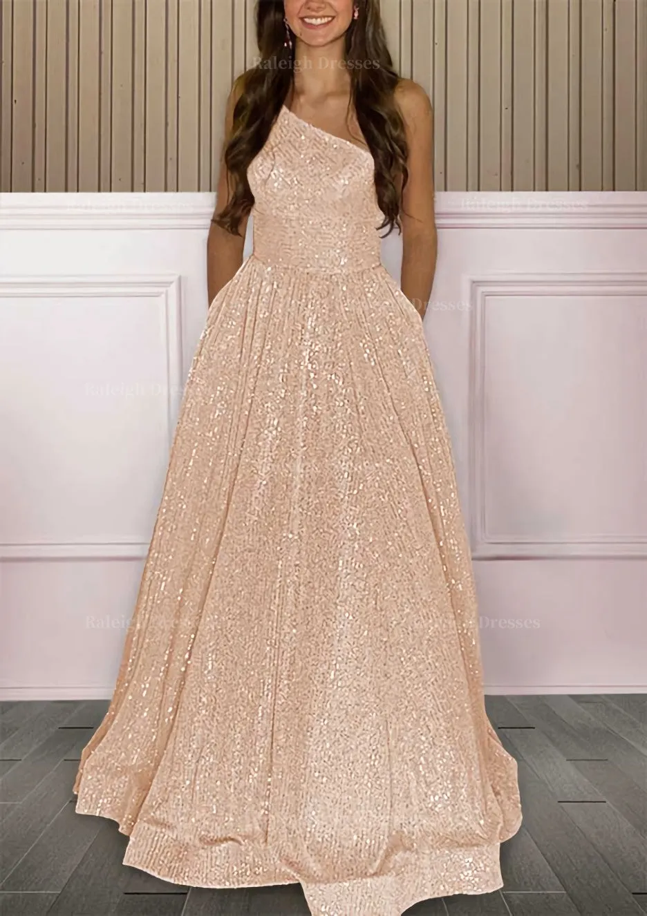 A-line One-Shoulder Sleeveless Sweep Train Sequined Prom Dress with Pockets