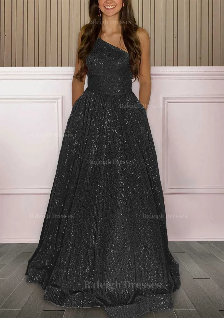 A-line One-Shoulder Sleeveless Sweep Train Sequined Prom Dress with Pockets