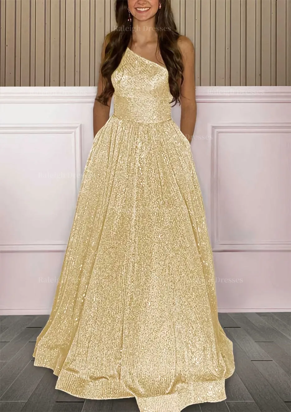 A-line One-Shoulder Sleeveless Sweep Train Sequined Prom Dress with Pockets