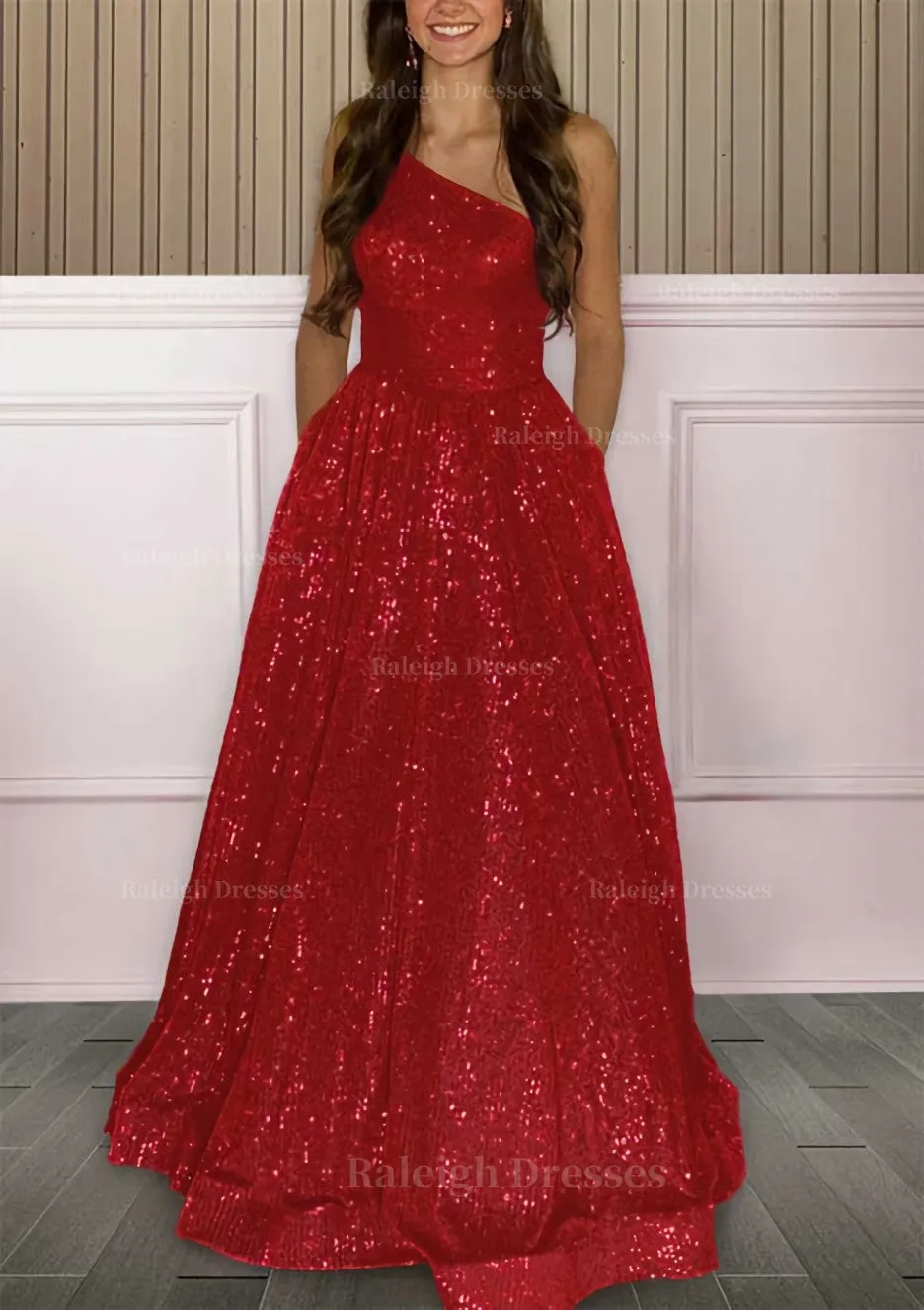 A-line One-Shoulder Sleeveless Sweep Train Sequined Prom Dress with Pockets