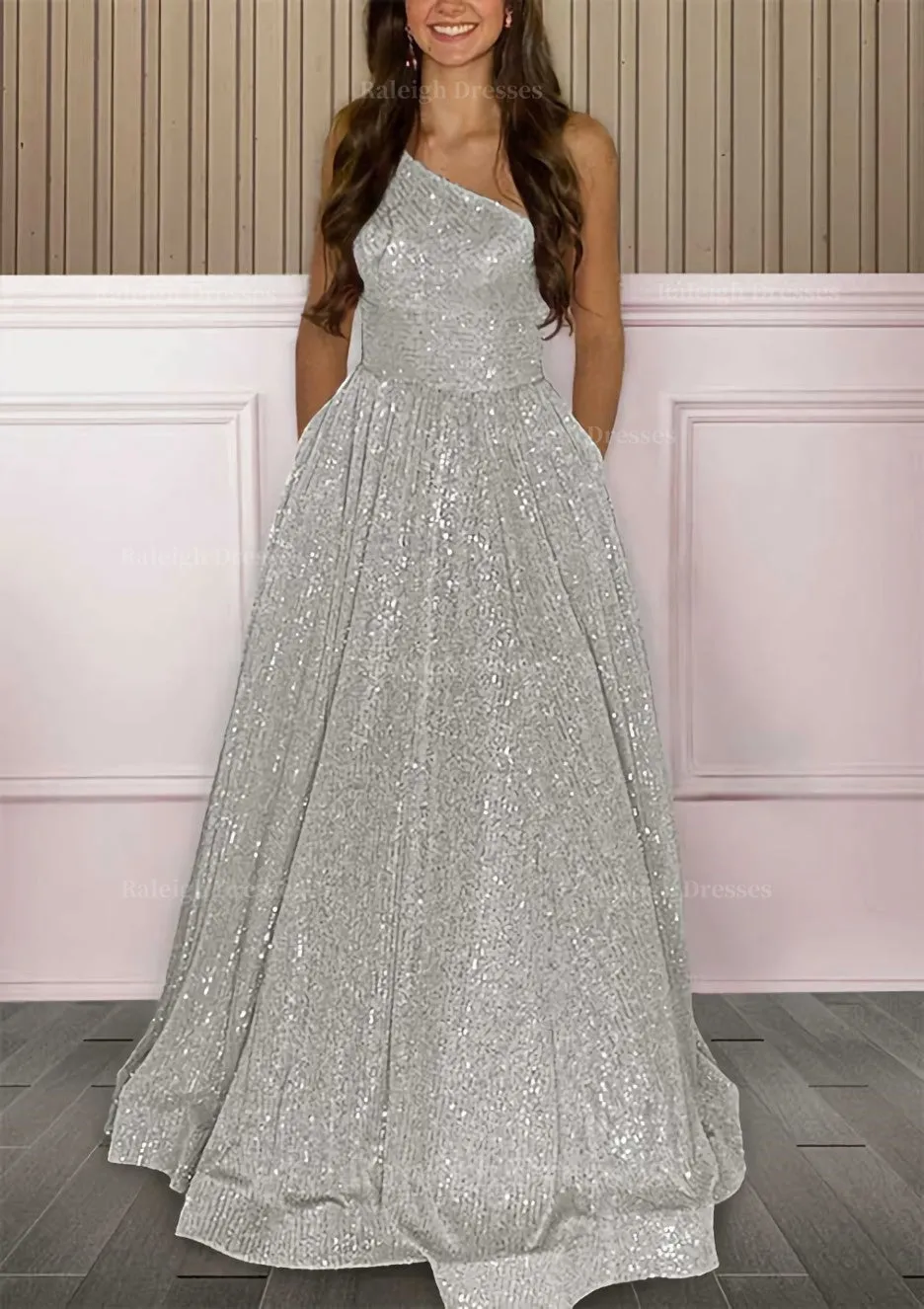 A-line One-Shoulder Sleeveless Sweep Train Sequined Prom Dress with Pockets