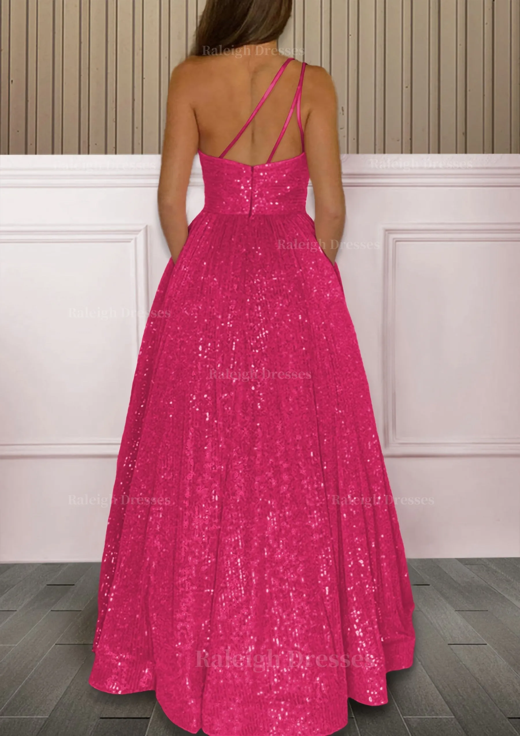 A-line One-Shoulder Sleeveless Sweep Train Sequined Prom Dress with Pockets