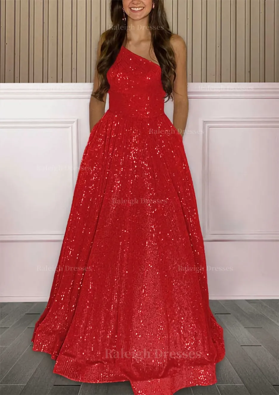 A-line One-Shoulder Sleeveless Sweep Train Sequined Prom Dress with Pockets